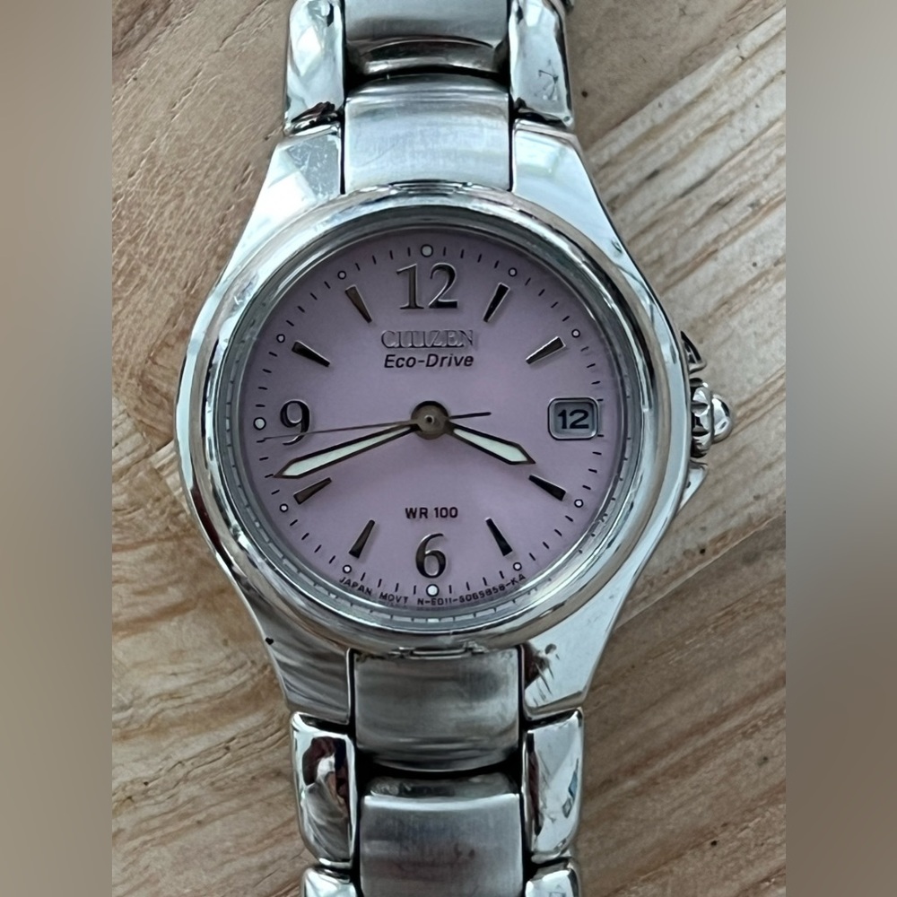 Citizen Eco-Drive Ladies Watch Pink Dial Stainless Bracelet Date Window WR100